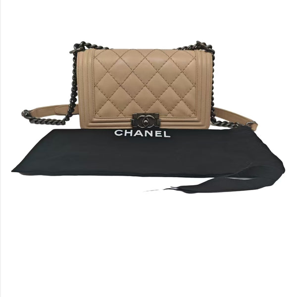 Chanel Beige Leather Stitch Boy Bag