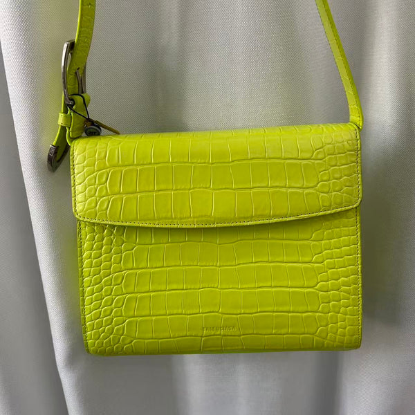 Balenciaga Neon Lime Shiny Croc Embossed Shoulder Bag