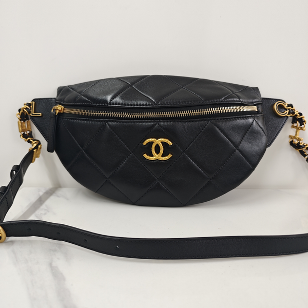 Chanel Lambskin Enamel Quilted waist Bag Black