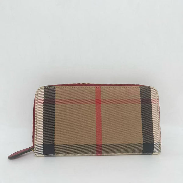 BURBERRY Red Leather House Check Coated Canvas Wallet