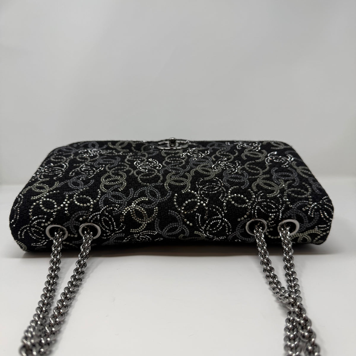CHANEL Rare Jumbo Classic Flap Bag Black CC Beaded Tweed Silver Hardware