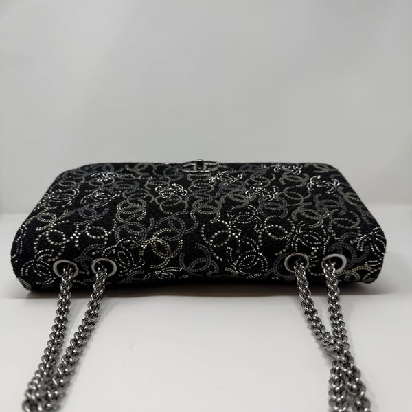 CHANEL Rare Jumbo Classic Flap Bag Black CC Beaded Tweed Silver Hardware