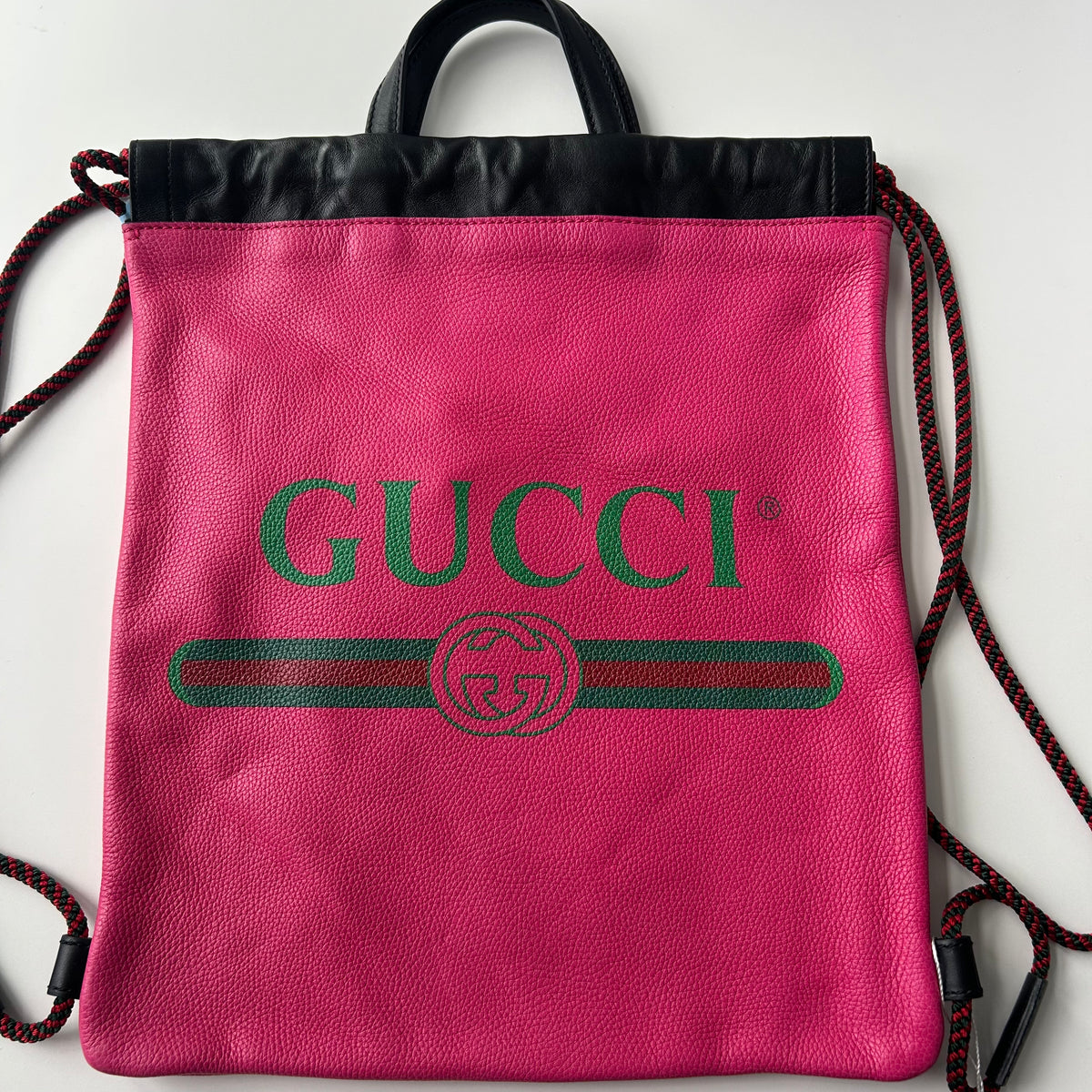 Gucci Pink Leather Logo Print Drawstring Backpack