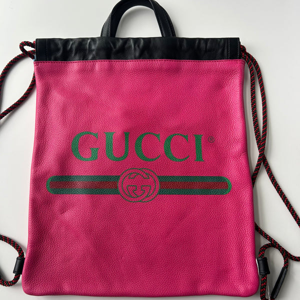 Gucci Pink Leather Logo Print Drawstring Backpack