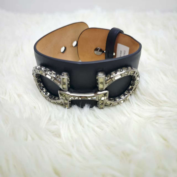 Salvatore Ferragamo Black Leather Crystal Embellished Bracelet