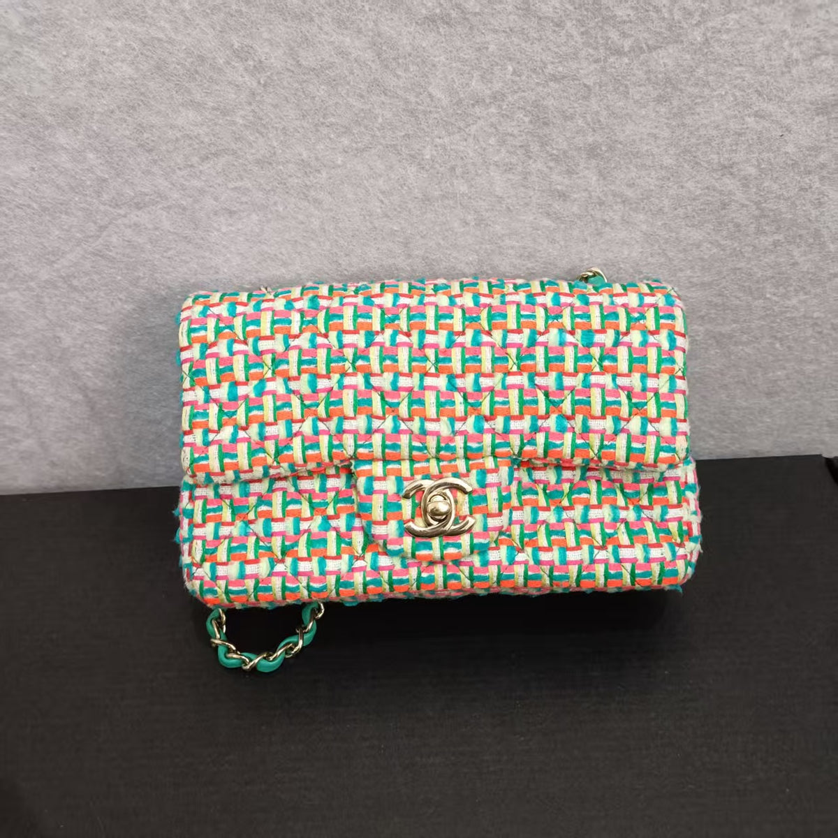 CHANEL Tweed Quilted Medium Double Flap Multicolor Green