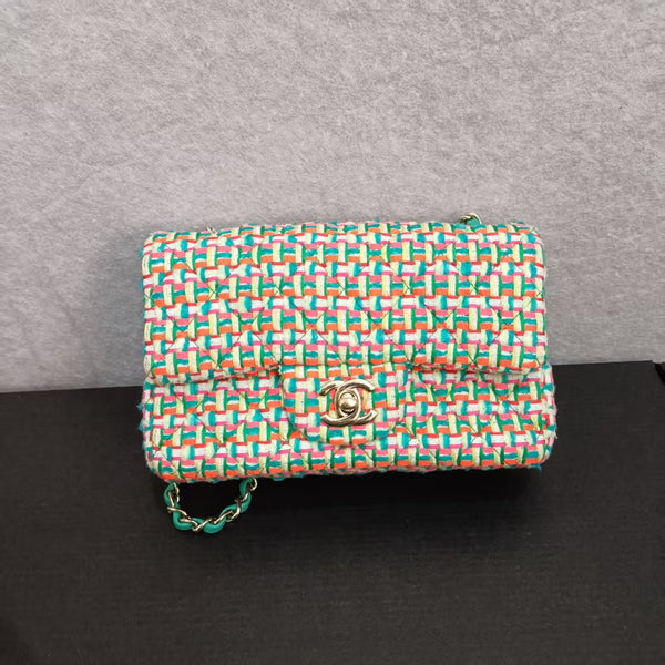 CHANEL Tweed Quilted Medium Double Flap Multicolor Green