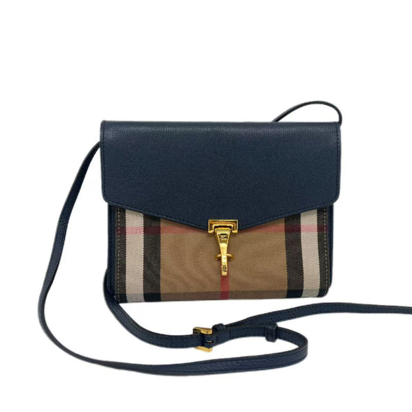 BURBERRY House Check Canvas Ink Blue Leather Small Macken Crossbody Bag
