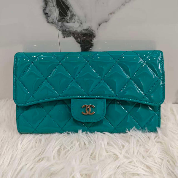 Chanel Light Blue Patent Leather L Flap Wallet