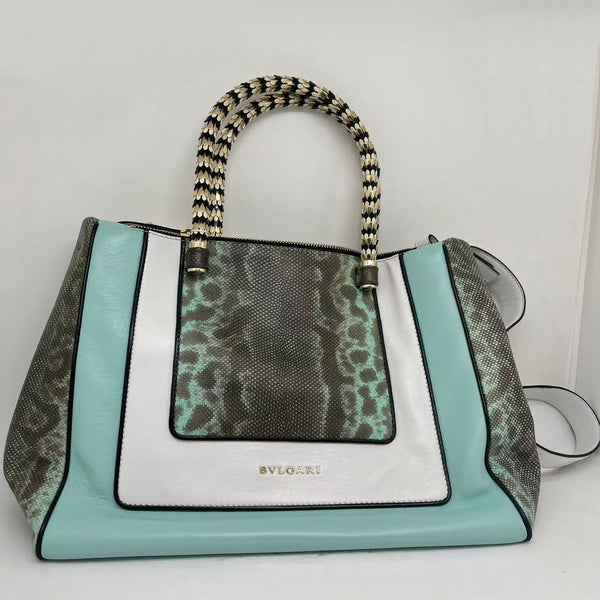 Bvlgari Blue/White Karung Leather Serpenti Tote