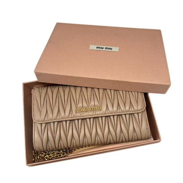 Miu Miu Beige Leather Matelasse Flap WOC Wallet