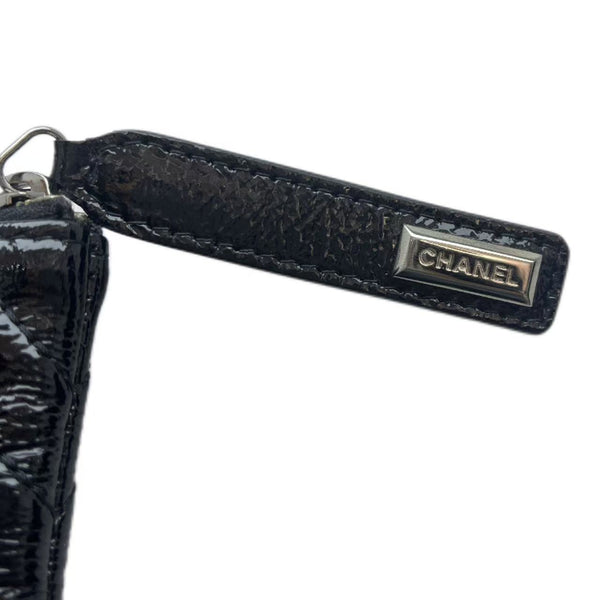 Chanel Black Chevron Quilted Crinkled Patent Leather O-Case Zip Pouch
