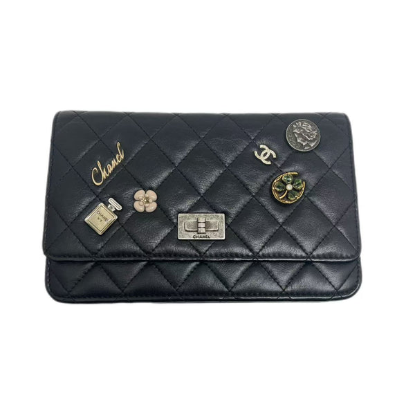 Chanel Black Aged Quilted Leather Lucky Charms 2.55 Reissue Wallet on Chain