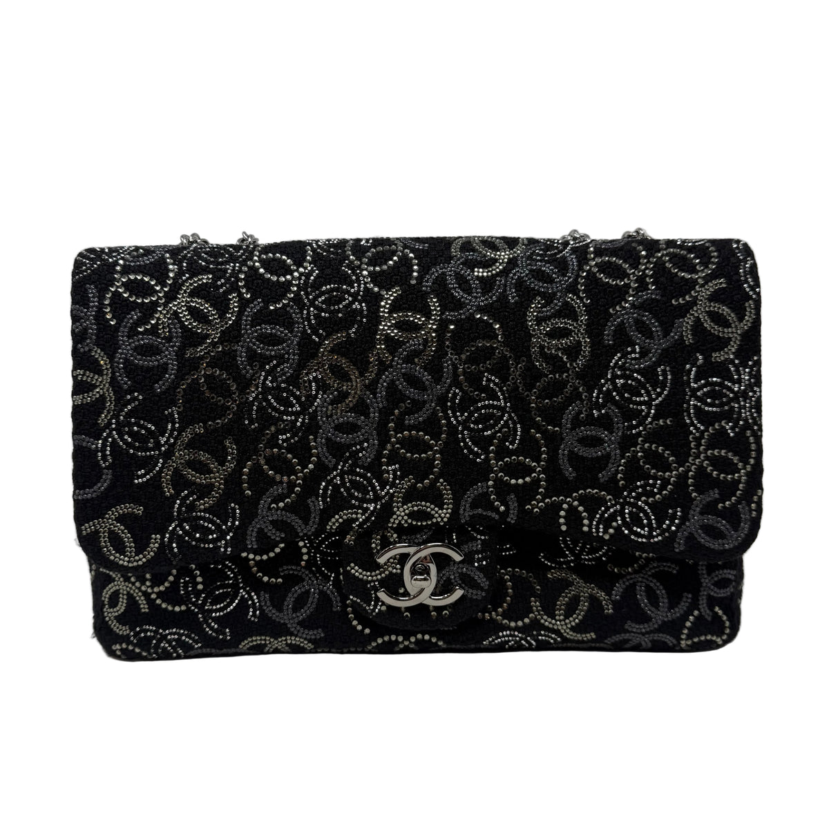 CHANEL Rare Jumbo Classic Flap Bag Black CC Beaded Tweed Silver Hardware