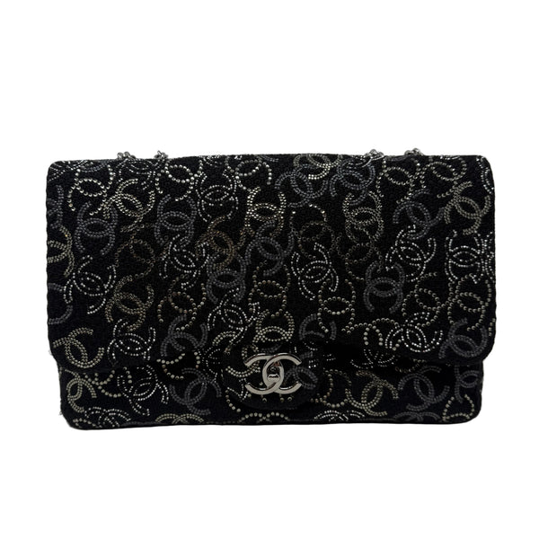 CHANEL Rare Jumbo Classic Flap Bag Black CC Beaded Tweed Silver Hardware