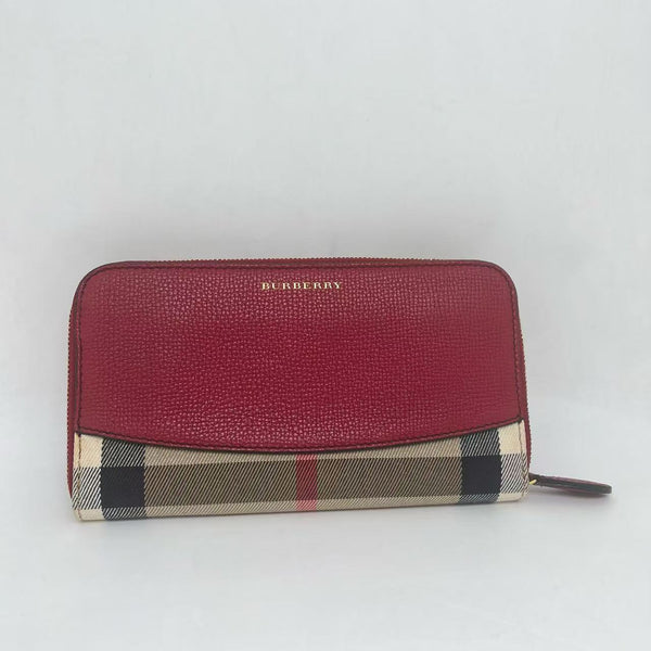 BURBERRY Red Leather House Check Coated Canvas Wallet