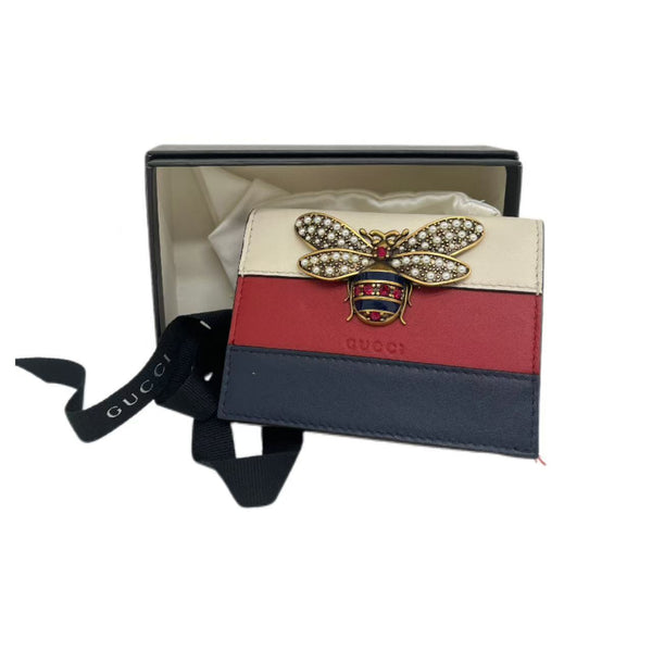 Gucci Red/White/Blue Leather Queen Margaret Bee Card Case Wallet