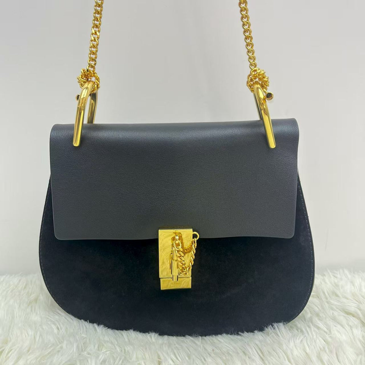 Chloe Drew Chain Shoulder Bag Black Suede Leather Gold