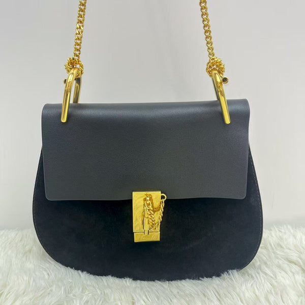 Chloe Drew Chain Shoulder Bag Black Suede Leather Gold