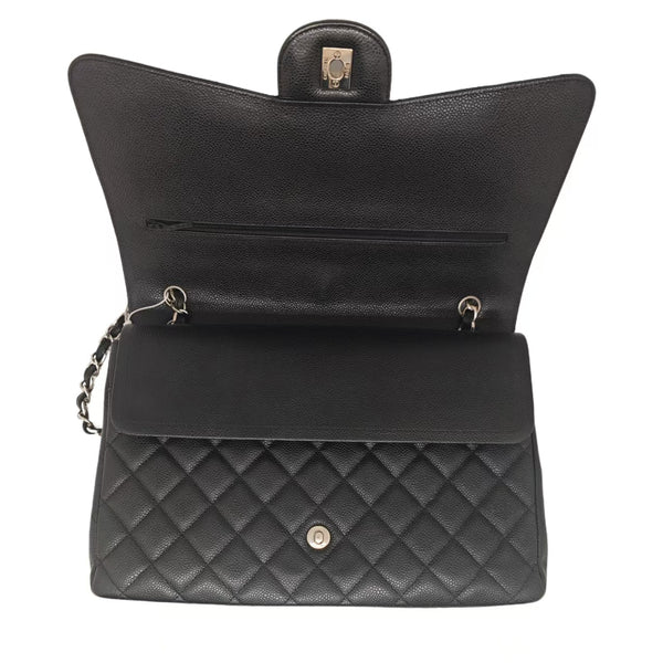 Chanel Maxi Classic Double Flap Bag Black Caviar Silver Hardware