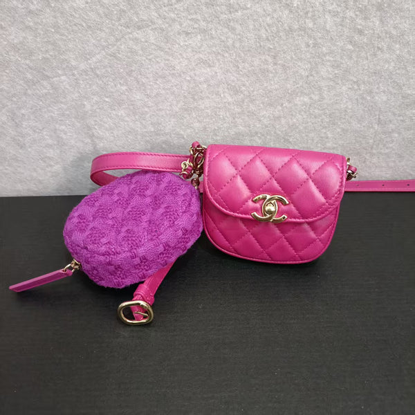 CHANEL Tweed Lambskin Quilted Waist Bag With Coin