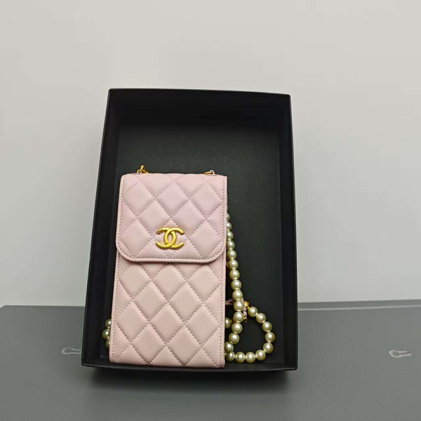 Chanel Pearl Strap Phone Holder Crossbody Bag Quilted Lambskin