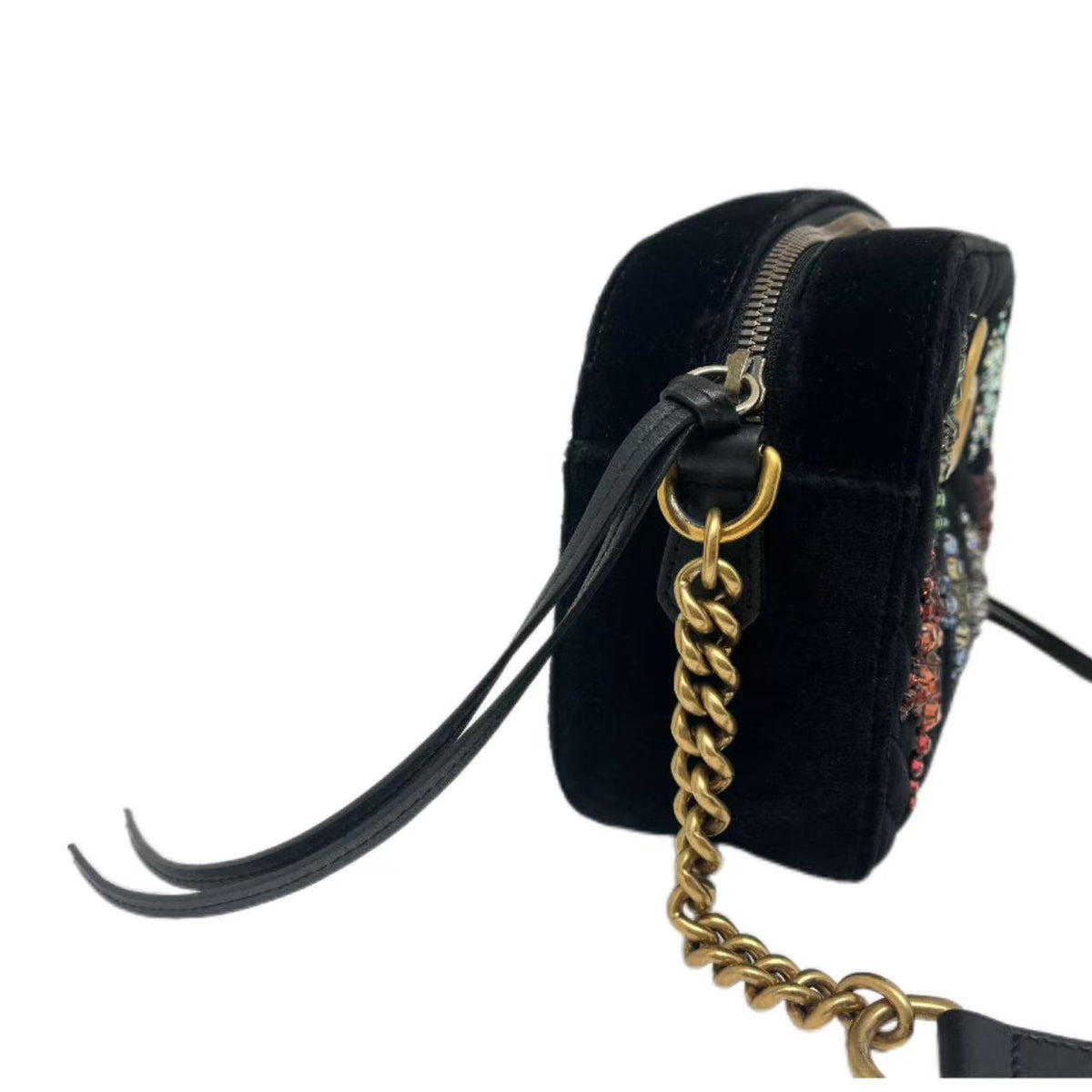 GUCCI Black Quilted Velvet Crystal Stars Marmont Small Camera Bag