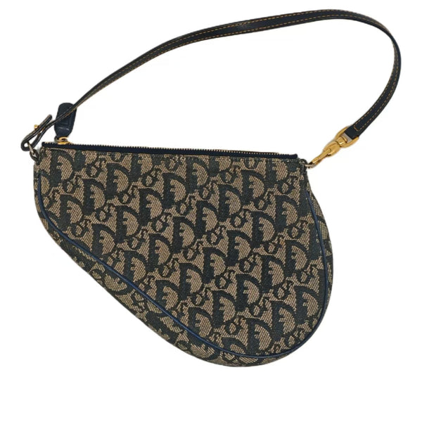CHRISTIAN DIOR Blue Monogram Canvas & Calfskin Leather Vintage Saddle Bag