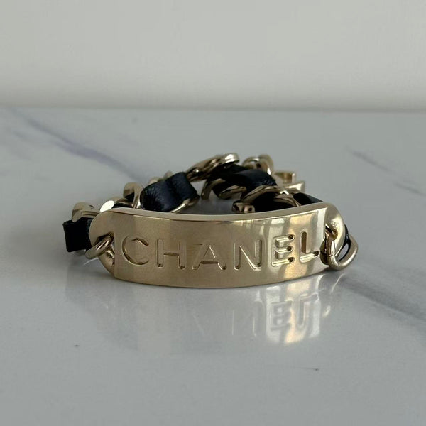 CHANEL Metal Lambskin Pearl Name Plate Bracelet