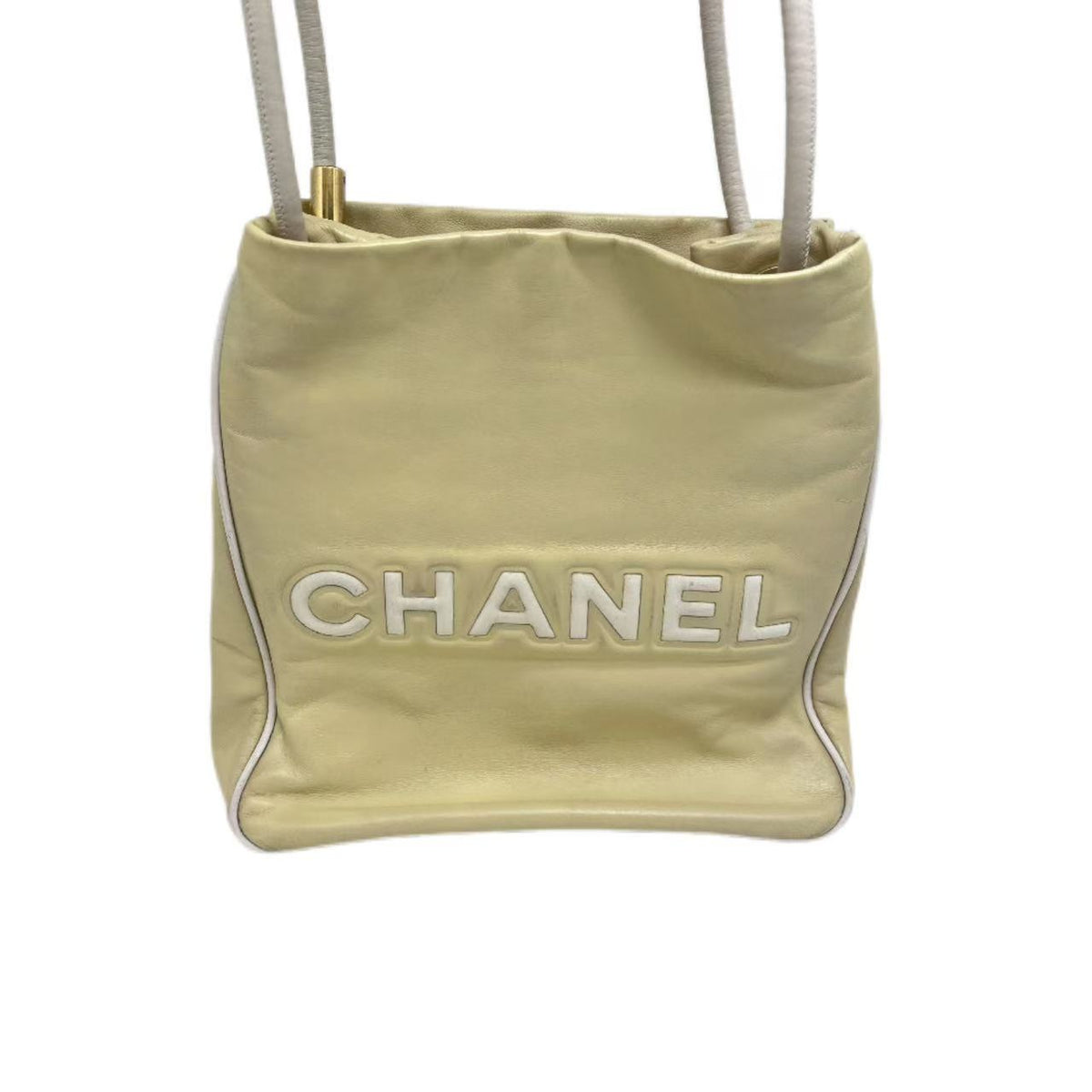 Chanel White Camellia & Beige Lambskin Leather Tote Bag