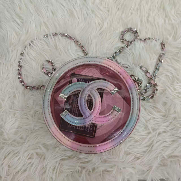 CHANEL PVC Lambskin Filigree Round Clutch With Chain Pink