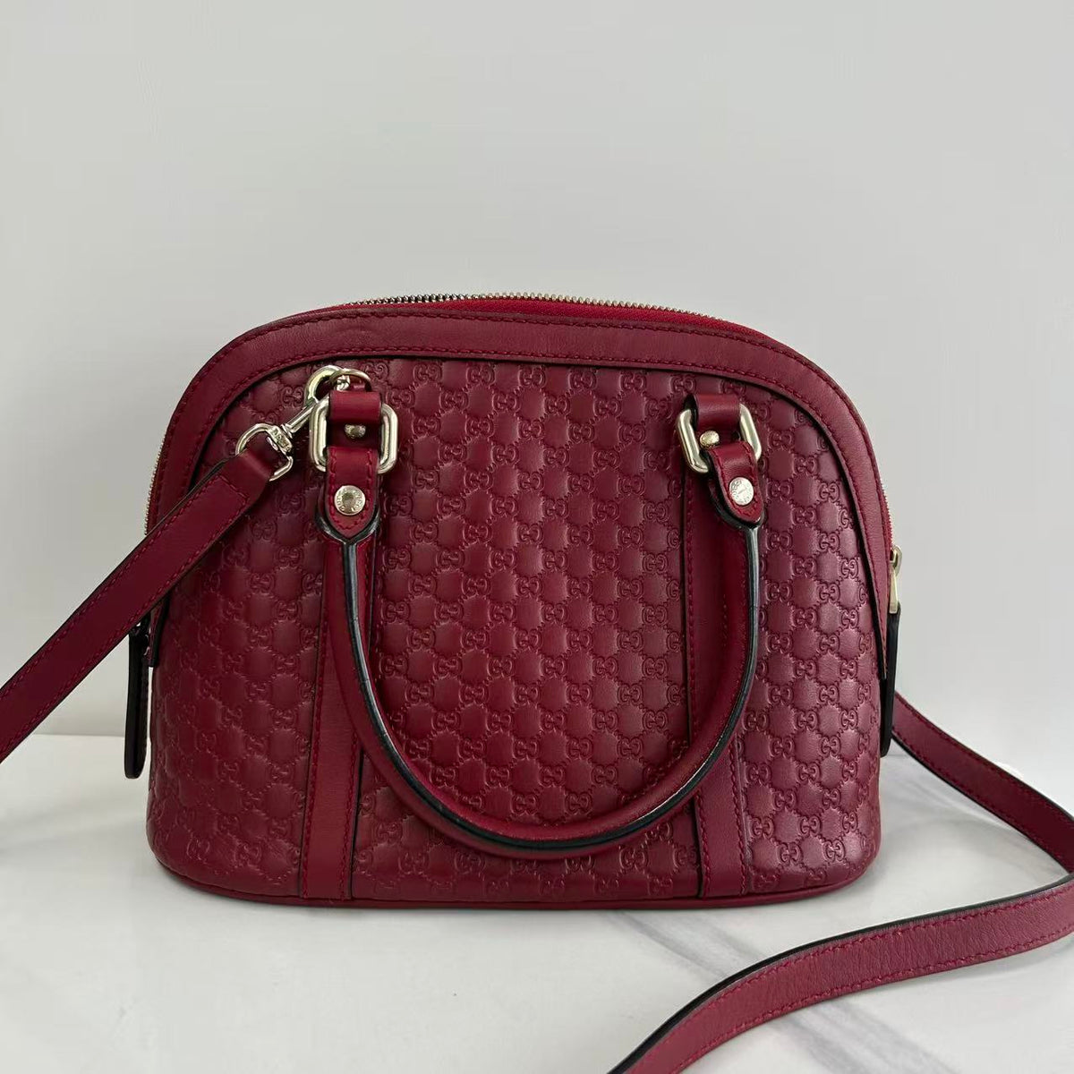 Gucci Red Leather Mico Guccissima Dome Top Handlebag