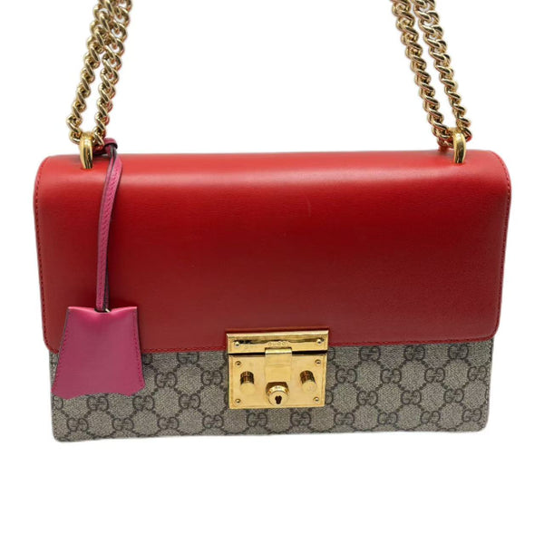 Gucci Red/Pink Leather and GG Monogram Padlock Shoulder Bag