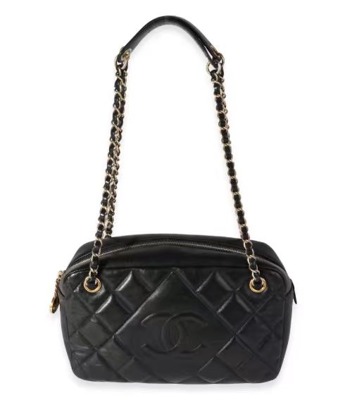 CHANEL Black Quilted Lambskin Diamond Camera Bag