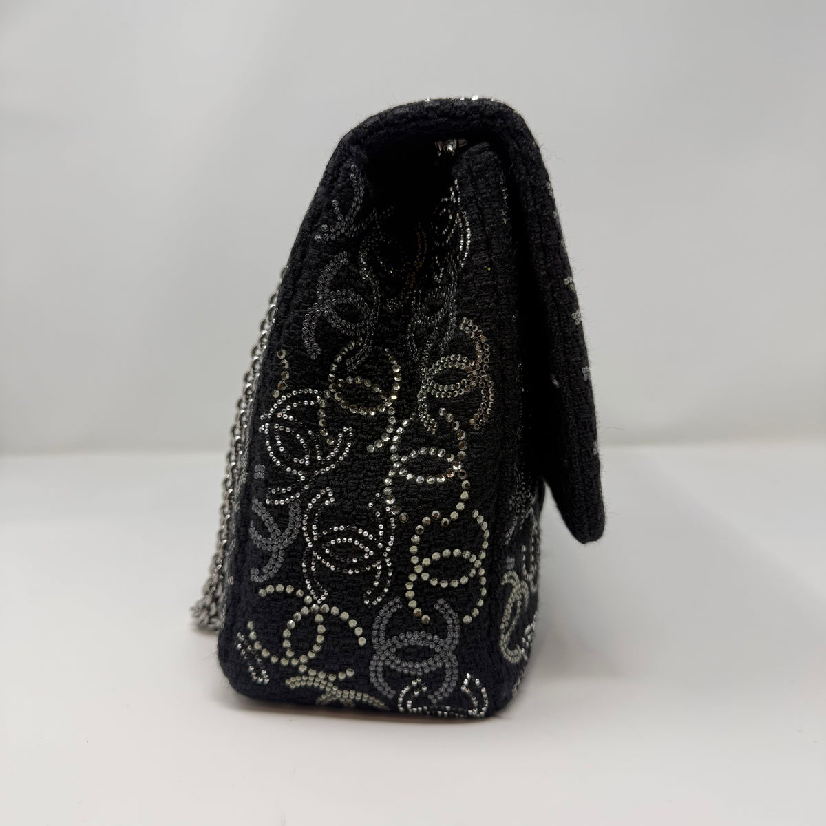 CHANEL Rare Jumbo Classic Flap Bag Black CC Beaded Tweed Silver Hardware