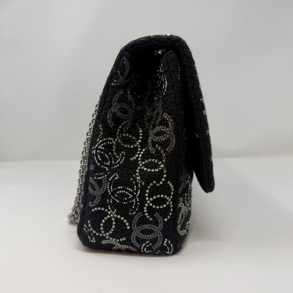 CHANEL Rare Jumbo Classic Flap Bag Black CC Beaded Tweed Silver Hardware