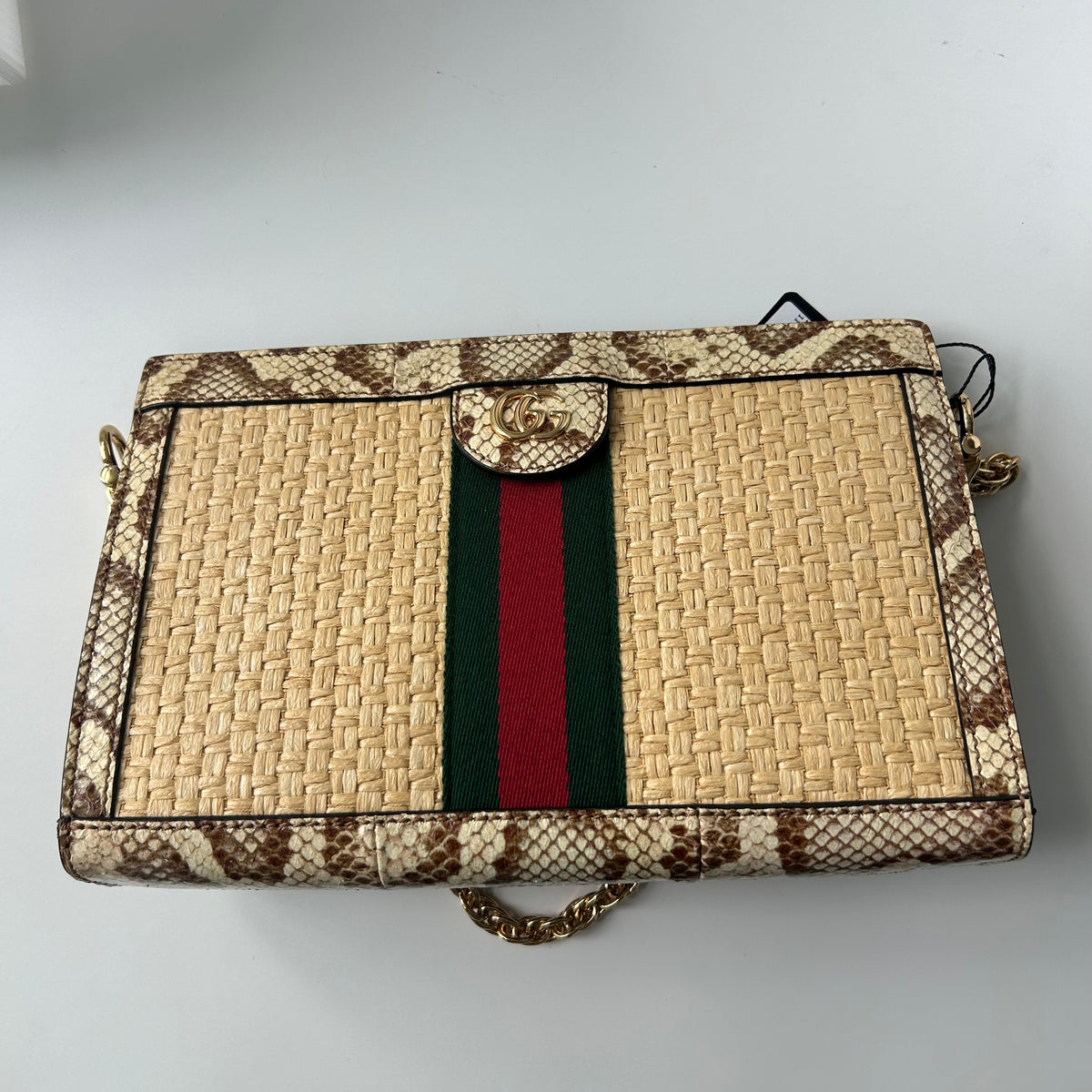 GUCCl Raffia Elaphe GG Small Ophidia Chain Shoulder Bag