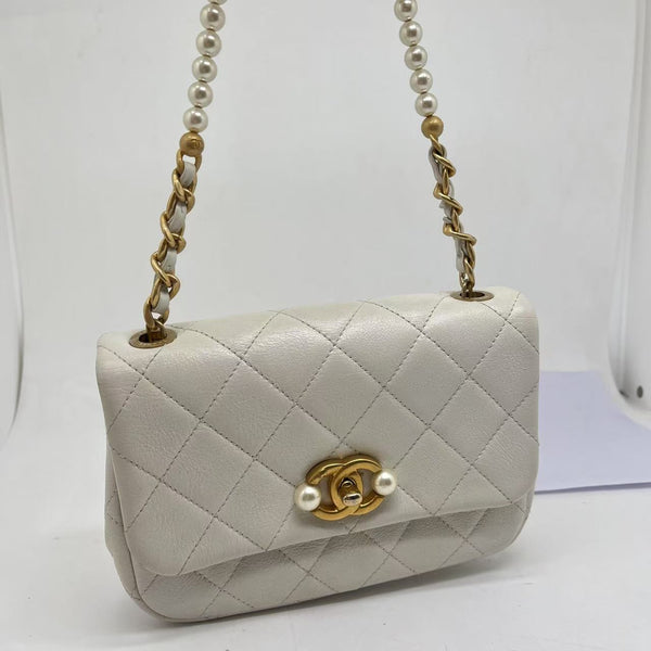 Chanel White Mini Glazed Calfskin Pearl Side Flap