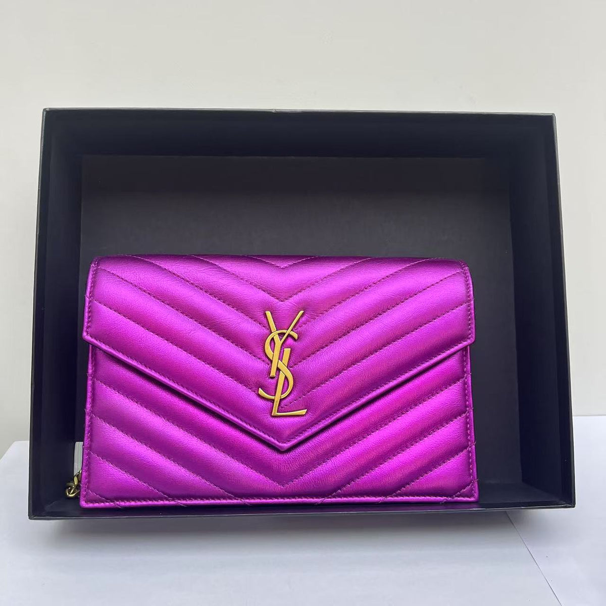 Saint Laurent Wallet Chain Shoulder Bag Silvery Golden