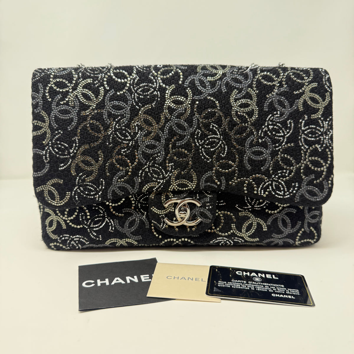 CHANEL Rare Jumbo Classic Flap Bag Black CC Beaded Tweed Silver Hardware
