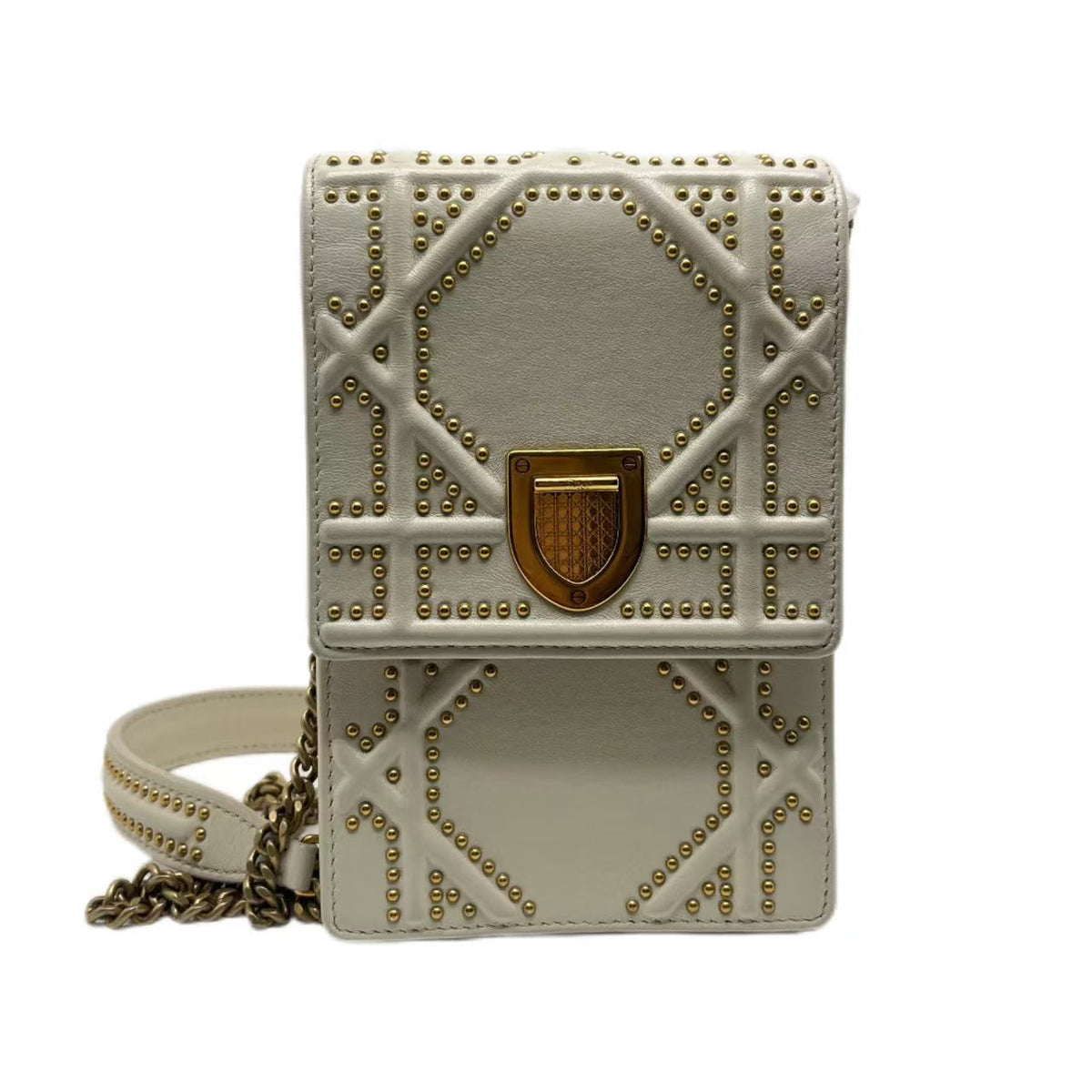 Dior Off White Leather Studded Diorama Vertical Clutch