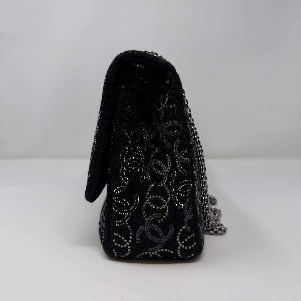 CHANEL Rare Jumbo Classic Flap Bag Black CC Beaded Tweed Silver Hardware