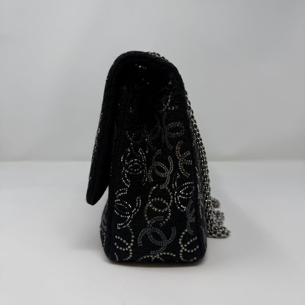 CHANEL Rare Jumbo Classic Flap Bag Black CC Beaded Tweed Silver Hardware