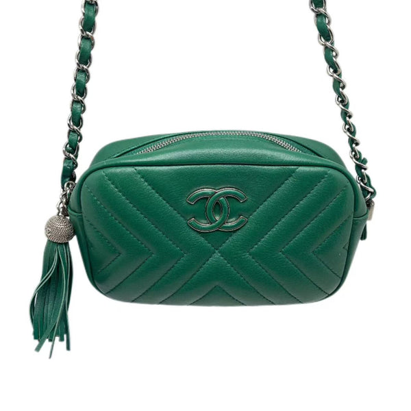 Chanel CC Tassel Bag Diagonal Chevron Calfskin Small
