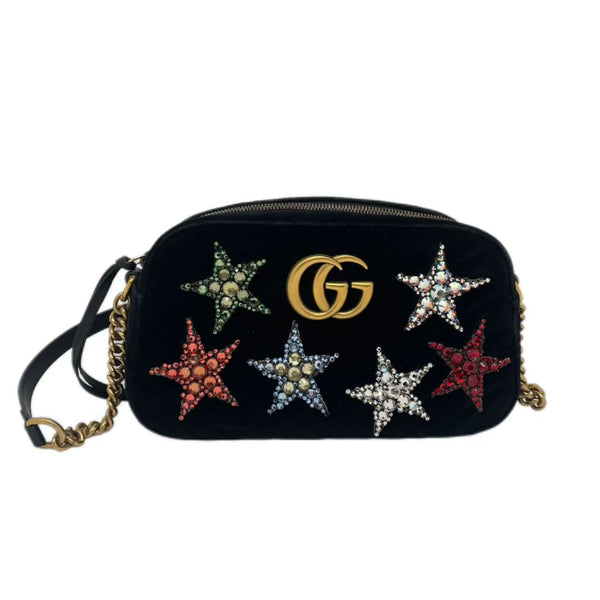 GUCCI Black Quilted Velvet Crystal Stars Marmont Small Camera Bag