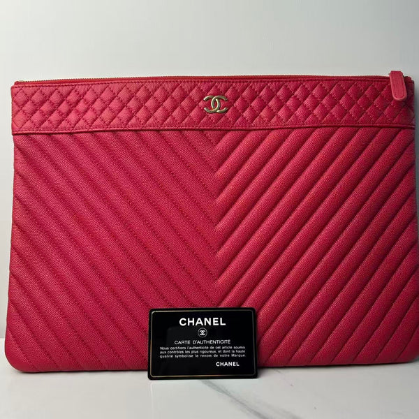 CHANEL Caviar Chevron Quilted Large Cosmetic Case Red