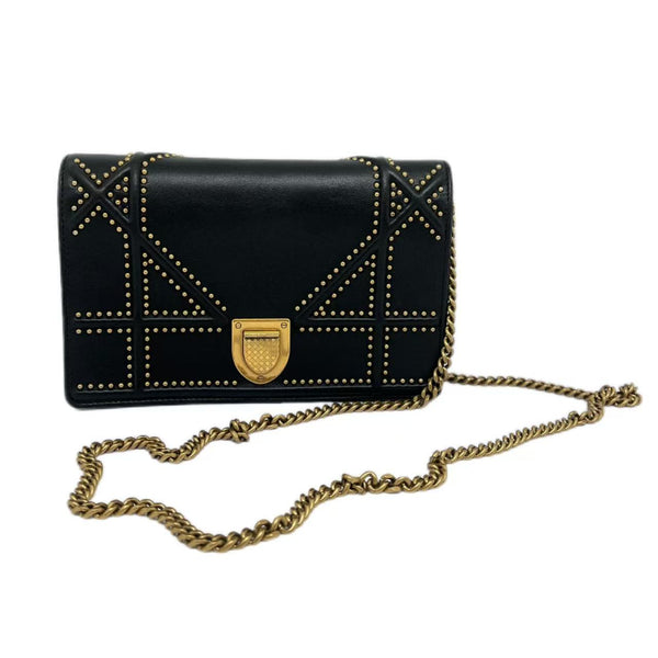 Dior Black Calfskin Studded Diorama Wallet on Chain
