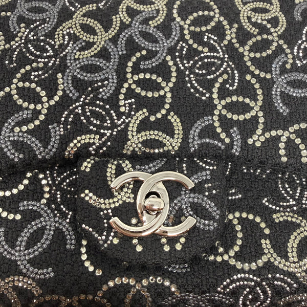 CHANEL Rare Jumbo Classic Flap Bag Black CC Beaded Tweed Silver Hardware