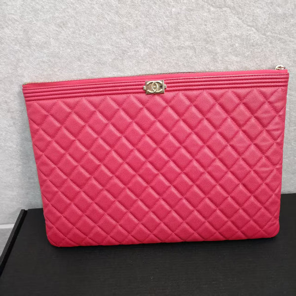 CHANEL Caviar Quilted Medium Boy Cosmetic Case Dark red