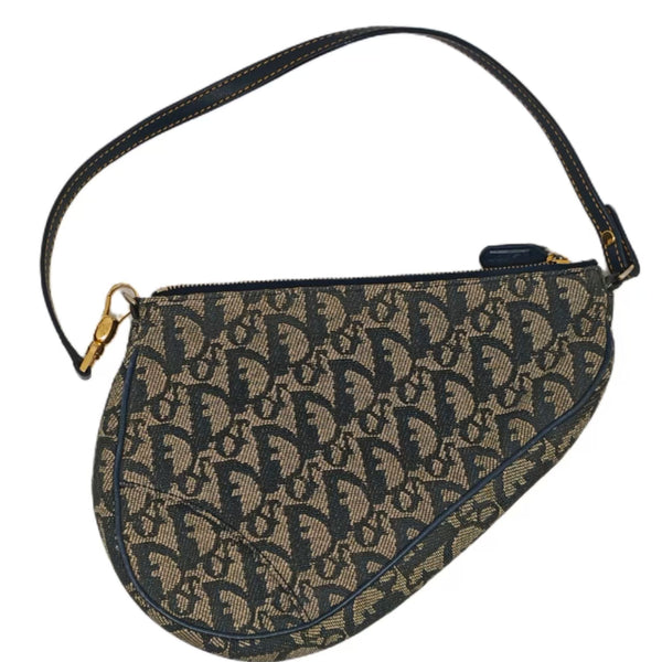 CHRISTIAN DIOR Blue Monogram Canvas & Calfskin Leather Vintage Saddle Bag